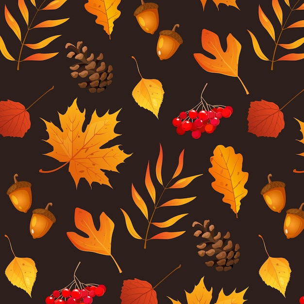Patrón con hojas de otoño bayas piñas conos bellotas