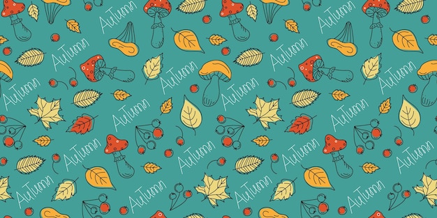 Patrón Hojas de otoño dibujo de contorno setas bayas volar ágaricos letras fondo sin costuras