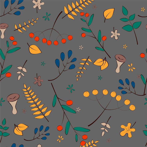 Patrón de hojas de otoño transparente de vector en colores ricos Setas de bayas y hojas azul turquesa verde para textiles