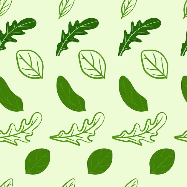 Patrón de hojas de rúcula y albahaca sobre un fondo verde claro Para uso en papel de embalaje textil