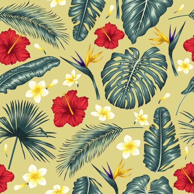 Patrón de hojas tropicales exóticas sobre un fondo amarillo Hojas de palma hibiscus monstera plumeria
