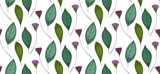 Un patrón con hojas verdes y flores moradas.