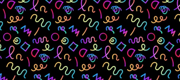 Patrón holográfico de garabateo sin costuras en un fondo negro fondo juvenil de moda para papel tapiz