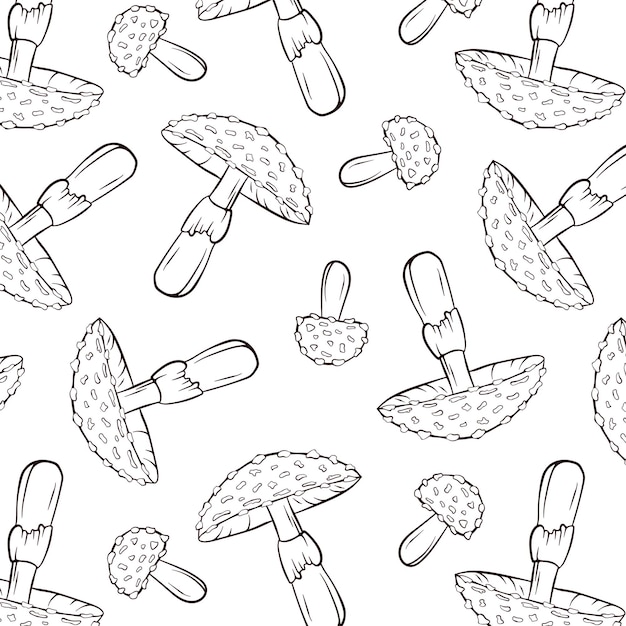 Vector patrón de hongo agarico no comestible en línea estilo de arte contorno diseño dibujado a mano para vector textil