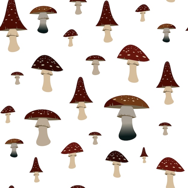 Patrón de hongos del bosque agáricos de mosca de diferentes formas sobre un fondo blanco ilustración vectorial para tela o embalaje
