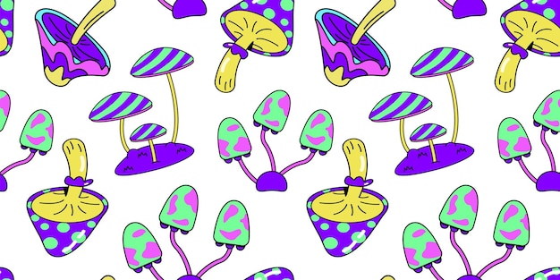 Patrón de hongos psicodélicos Hongo de neón mágico Hongo de alucinación Textura brillante Hongos venenosos locos Fondo de pantalla hippie surrealista Setas moradas Fondo transparente de vector