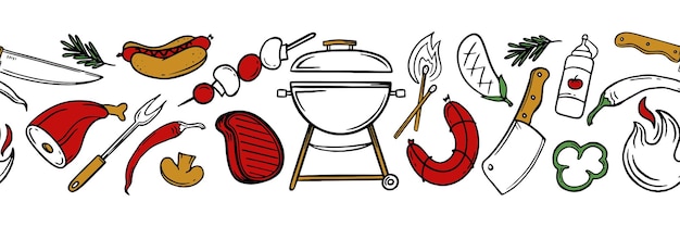 Patrón horizontal con elementos de parrilla y barbacoa para el menú de la cafetería del restaurante sobre fondo blanco