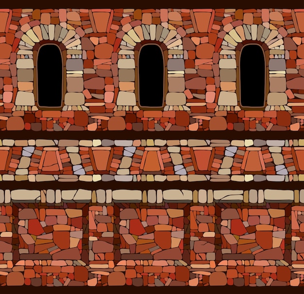 Vector patrón horizontal sin fisuras un antiguo muro de piedra con adornos decorativos