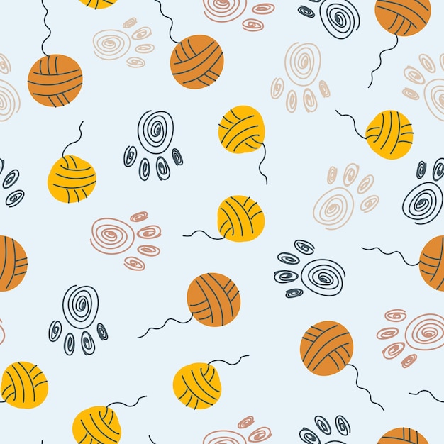 Un patrón de huellas de patas y bolas de hilo Imprimir en colores pastel de huellas de animales Mascotas Mano libre Patrón sin costuras Ilustración vectorial