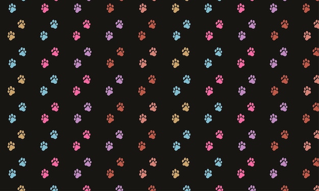 Patrón de huellas de patas sin costuras alineado con huellas coloridas contra un fondo negro
