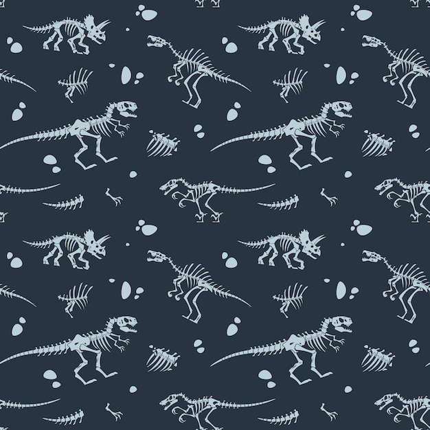 Patrón de huesos de dinosaurio Textura transparente de dibujos animados con esqueletos de reptiles prehistóricos y cráneos Fósil de paleontología antigua Siluetas de lagarto jurásico fondo Vector animales extintos imprimir maqueta