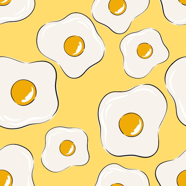 Patrón de huevo frito sin costuras con fondo amarillo e ilustración de alimentos dibujada a mano