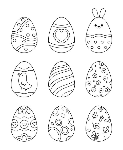 El patrón de los huevos de Pascua Página para colorear Ornamento de flores corazones orejas de conejo pollo dibujo vectorial