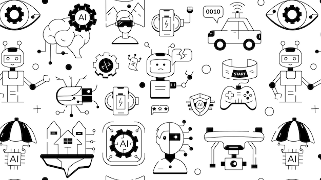 Un patrón de IA sin problemas diseñado con dispositivos inteligentes y tecnología de aprendizaje automático.