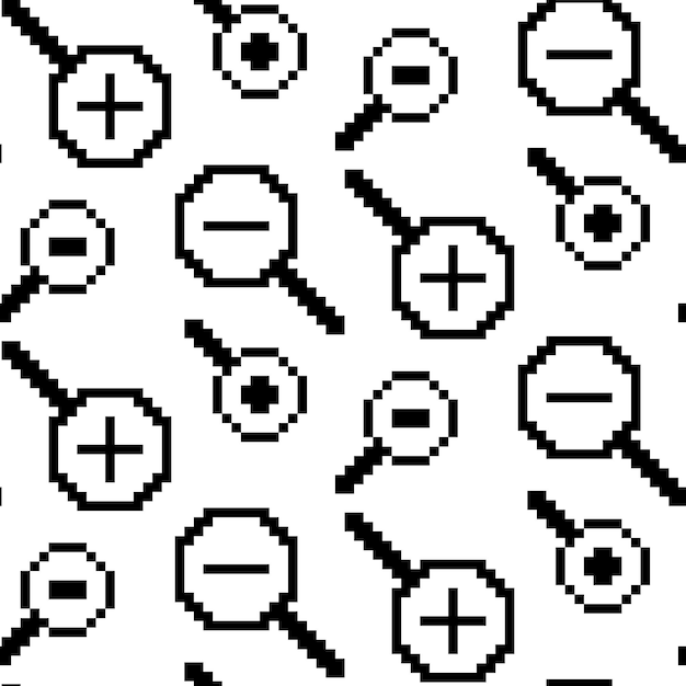 Patrón de icono de lupa con signos más y menos en píxeles ilustración vectorial en estilo plano