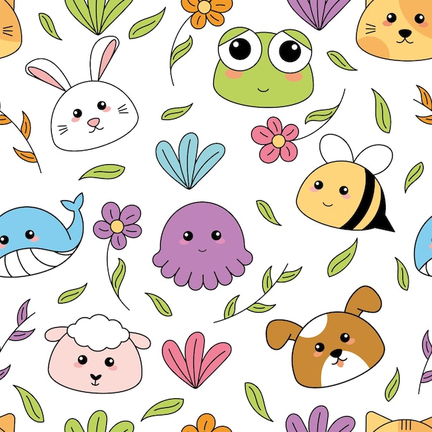 El patrón de los iconos de animales de los emojis kawaii es vector.