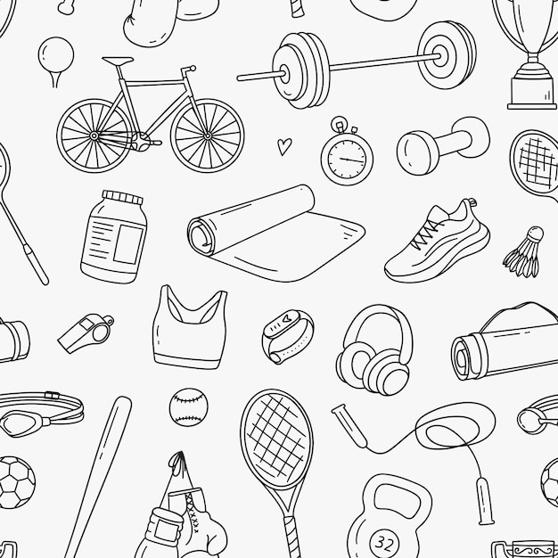 Patrón de iconos de bocetos de equipos deportivos Esbozo dibujado a mano de un gimnasio deportivo saludable Ilustración vectorial