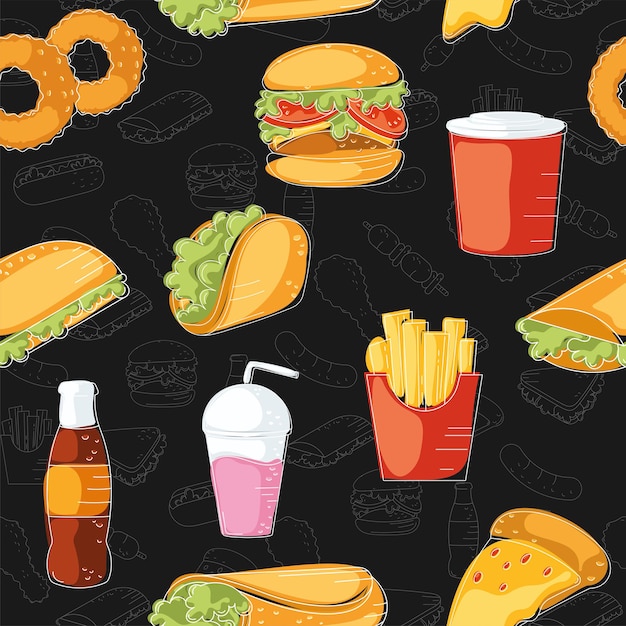 Patrón de íconos de comida rápida Papel de pared de restaurante Vector