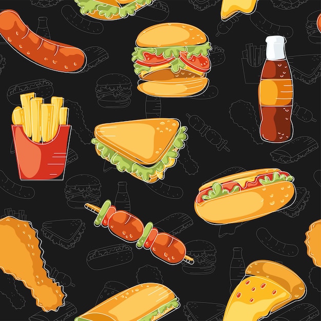 Patrón de íconos de comida rápida Papel de pared de restaurante Vector