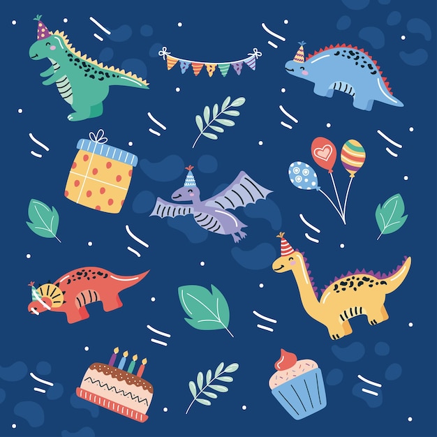 Vector patrón de iconos de cumpleaños de dinosaurio