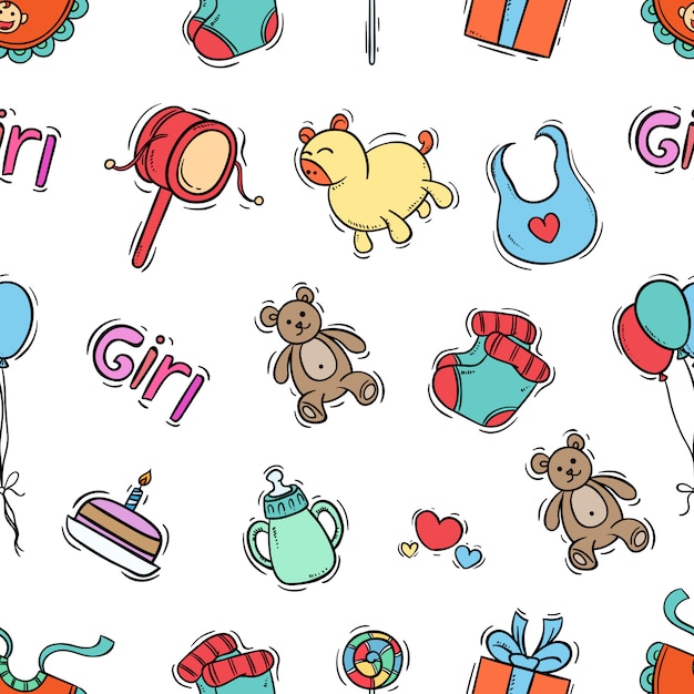 sin patrón de iconos de niños con estilo dibujado a mano color