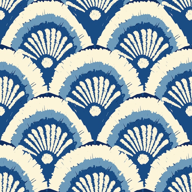 Patrón de ikat abstracto en forma de abanico en tonos azul marino