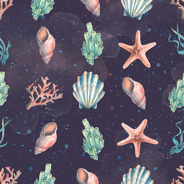 patrón de ilustración en acuarela estrellas de mar conchas corales medusas caballito de mar agua mar océano simple