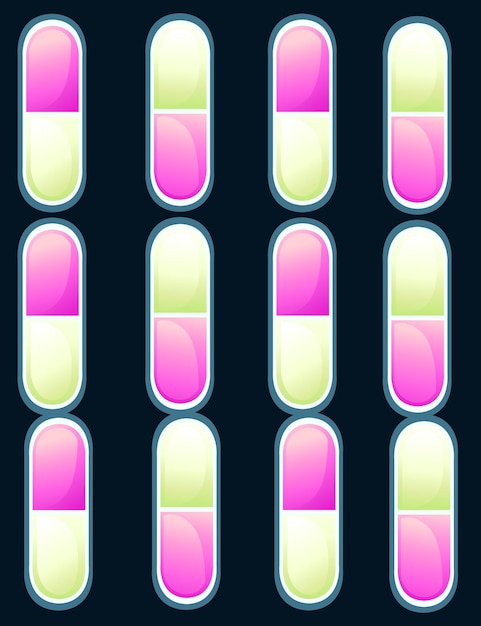 Patrón con ilustración de vector plano de grupo de pastillas de color amarillo púrpura sobre fondo oscuro
