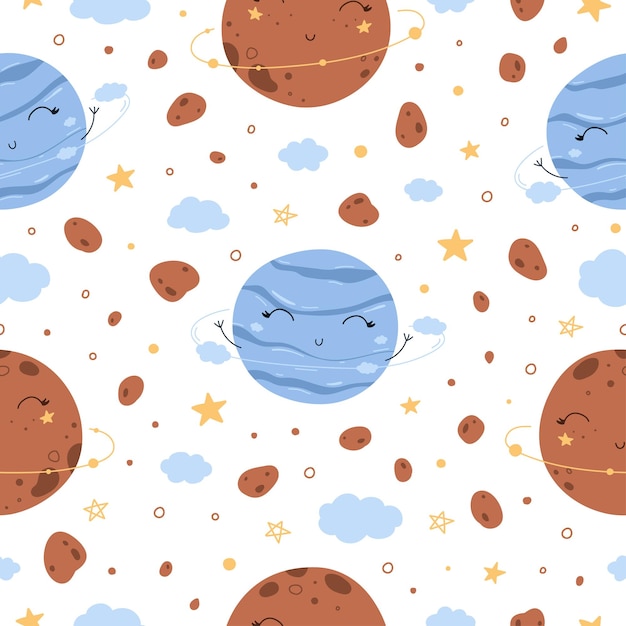 Patrón de ilustración vectorial sin inconvenientes con garabatos espaciales de planetas y asteroides