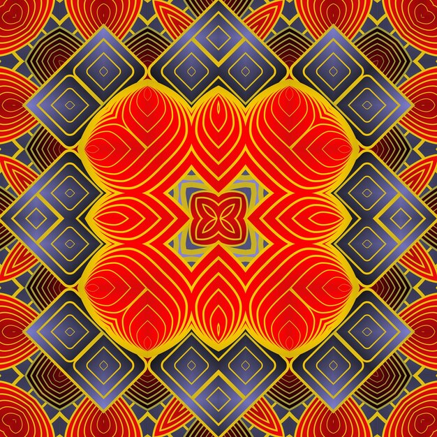 Patrón ilustrado sin costuras hecho de elementos abstractos en azul beige y rojo