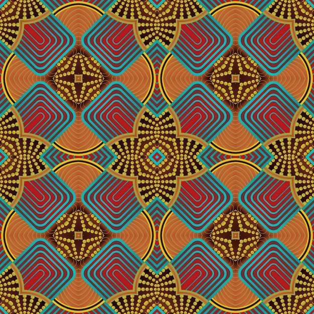 Patrón ilustrado sin inconvenientes hecho de elementos abstractos en rojo, azul y amarillo