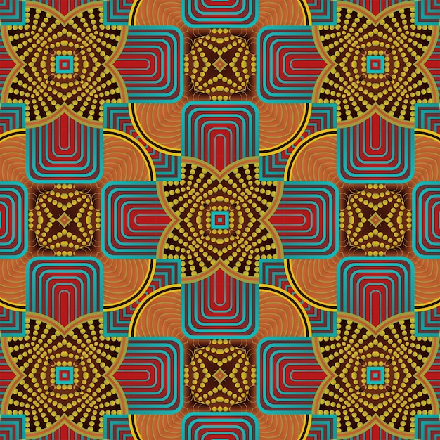 Patrón ilustrado sin inconvenientes hecho de elementos abstractos en rojo, azul y amarillo