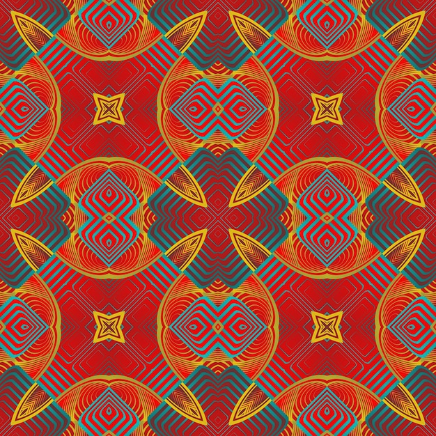 Patrón ilustrado sin inconvenientes hecho de elementos abstractos en rojo, azul y amarillo