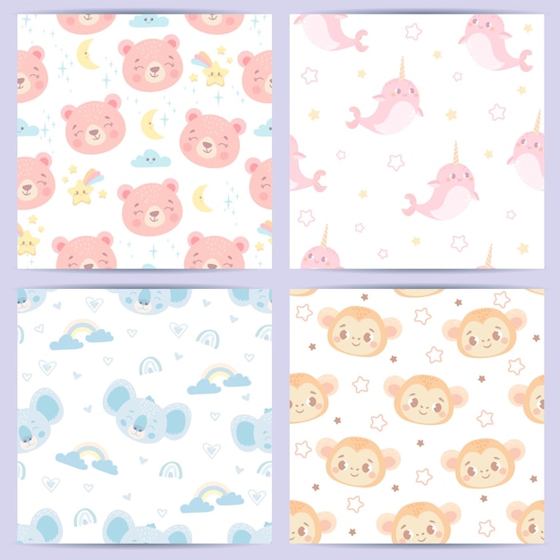 patrón impecable con animales divertidos para bebés. ilustración vectorial en colores pastel