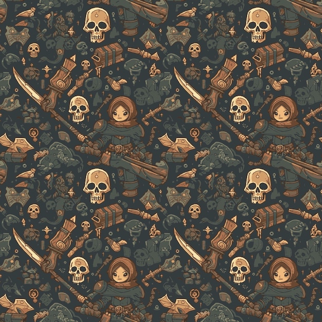 Un patrón impecable con calaveras y calaveras sobre un fondo oscuro.
