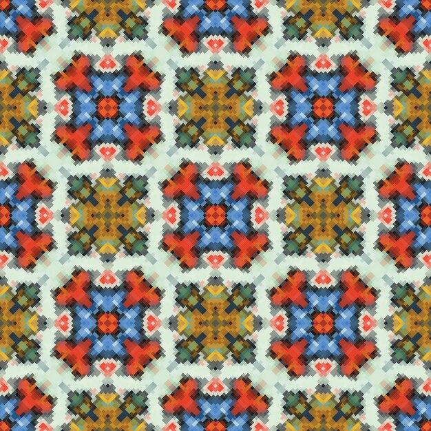 Un patrón impecable con un diseño geométrico en colores azul, naranja y verde.