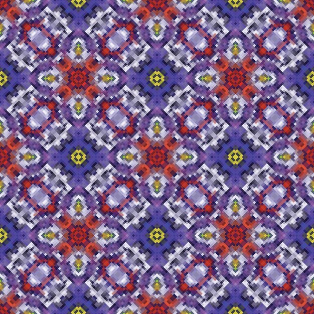 Un patrón impecable con un diseño geométrico en colores morado, naranja y amarillo.