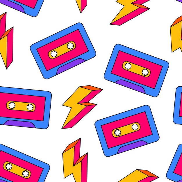 Patrón impecable en el estilo moderno de los años 80-90. Cassettes retro de dibujos animados de colores y relámpagos, ácidos.