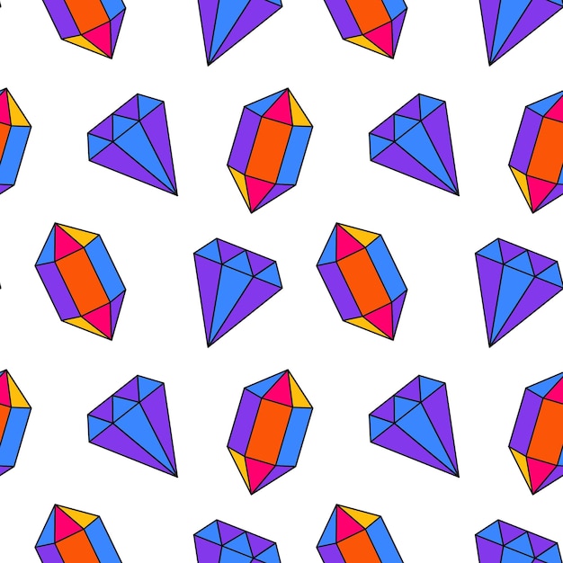 Patrón impecable en el estilo moderno de los años 80-90. Cristales de colores y diamantes en estilo de dibujos animados sobre un fondo blanco.