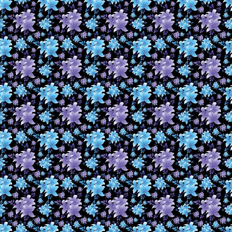 Un patrón impecable con flores azules y violetas sobre un fondo negro.