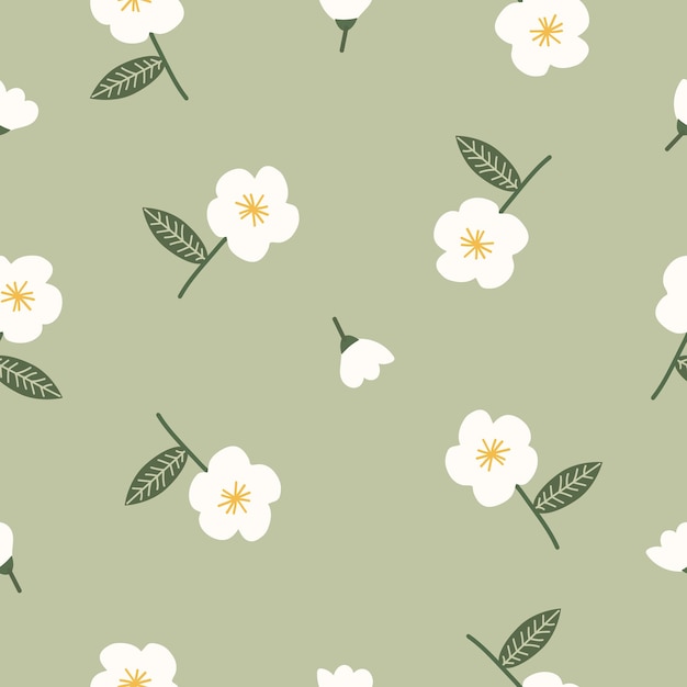 Un patrón impecable con flores blancas y hojas sobre un fondo verde.