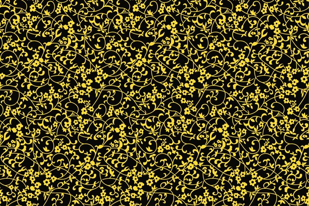 Un patrón impecable con flores doradas sobre un fondo negro.