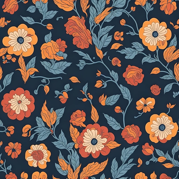 Un patrón impecable con flores naranjas y azules.