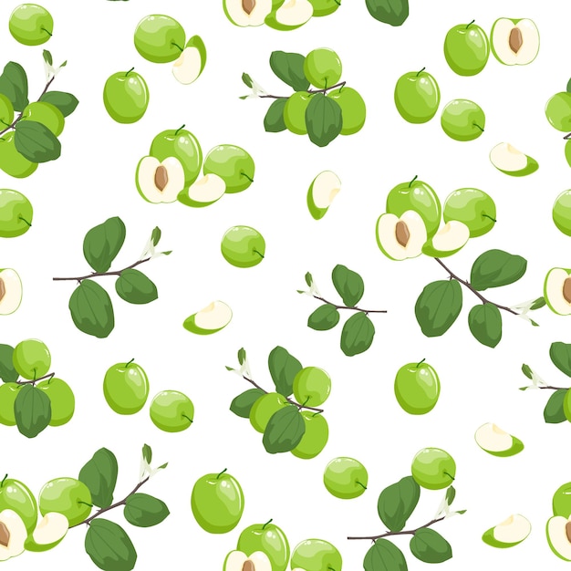Un patrón impecable con manzanas verdes y hojas verdes.