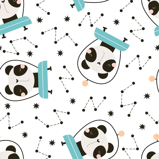 patrón impecable con panda de dibujos animados en el espacio, estrellas, elementos decorativos