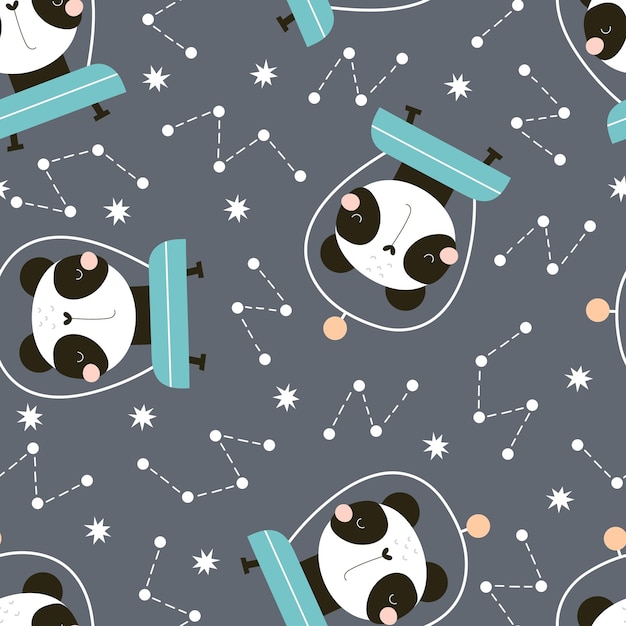 patrón impecable con panda de dibujos animados en el espacio, estrellas, elementos decorativos
