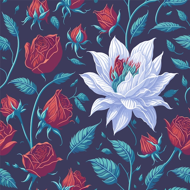 Un patrón impecable con rosas y flores azules.