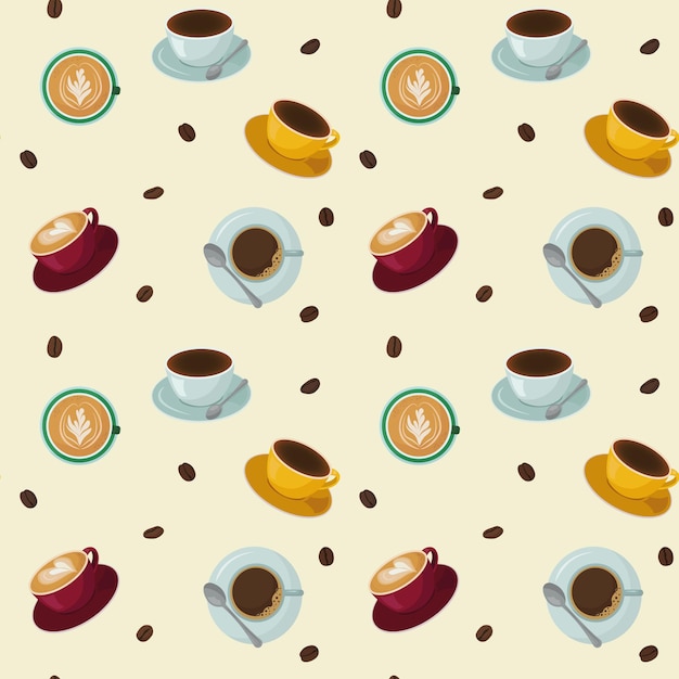 patrón impecable de tazas de café coloridas y frijoles sobre un fondo beige. para papel de envolver