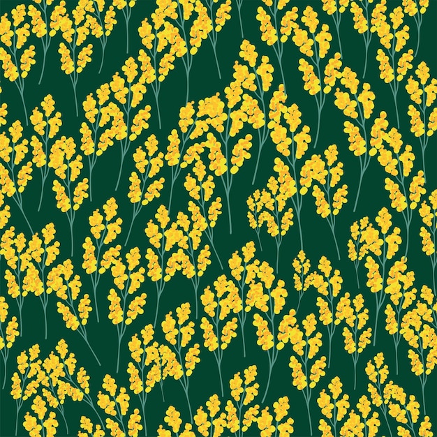 Patrón de impresión floral transparente con flores de mimosa amarillas y azules hojas en estilo dibujado a mano sobre un fondo azul turquesa Concepto de flor de bandera de Ucrania Plantilla de primavera verano para diseño