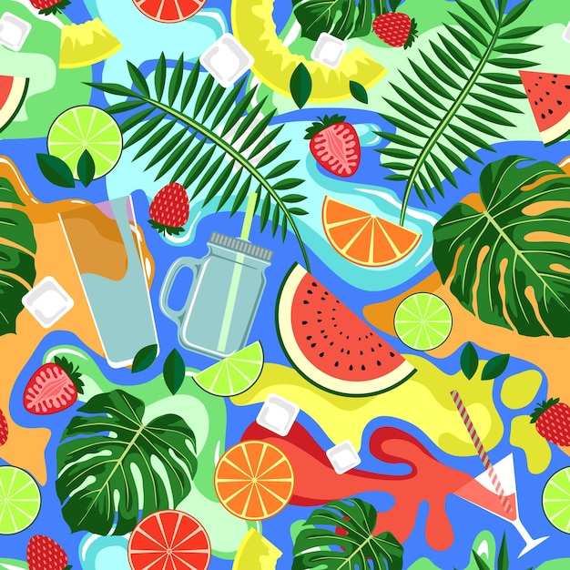 PATRÓN INCONSÚTIL CON BEBIDAS BRILLANTES Y FRUTAS SOBRE UN FONDO AZUL EN VECTOR